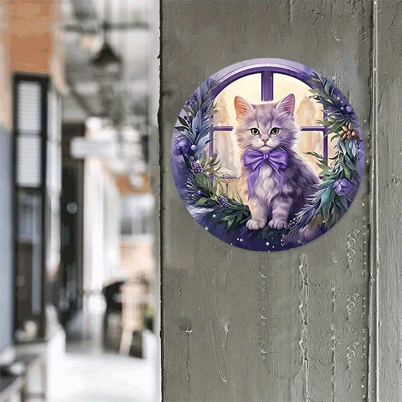 2D Flat, [2D Flat] 2D Flat Printing 1pc 8x8inch Metal Iron Sign Purple Christmas Cat Wreath Sign, Kitten Wreath Attachment, Sign