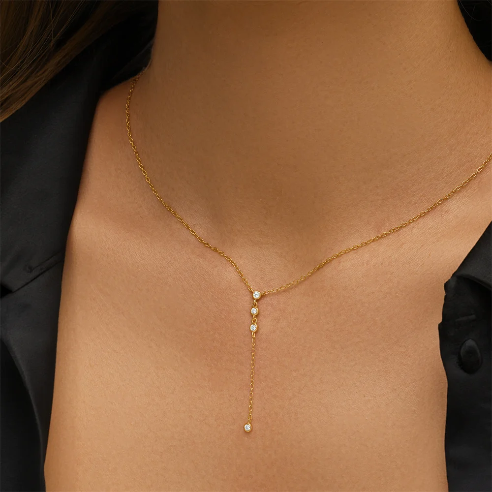 AIDE 925 Sterling Silver Tassel Necklace New Female Simple Zircon Clavicle Chain Long Geometric Y Chain Woman Custom Necks Jewel