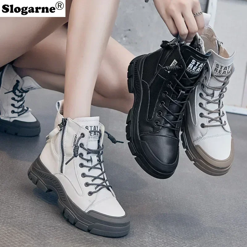 New Genuine Leather Boots Women Winter Cow Leather Ankle Boots Modern High Top Shoes Thick Sole Snow Boots Platform Shoes Bottes
