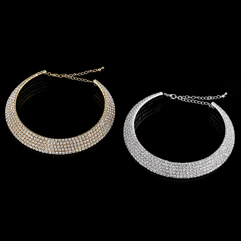 Crystal Rhinestone Choker Necklace Silver Plated and Gold Color Bridal Wedding Jewelry 1 2 3 4 5 Row Chokers Necklaces for Women