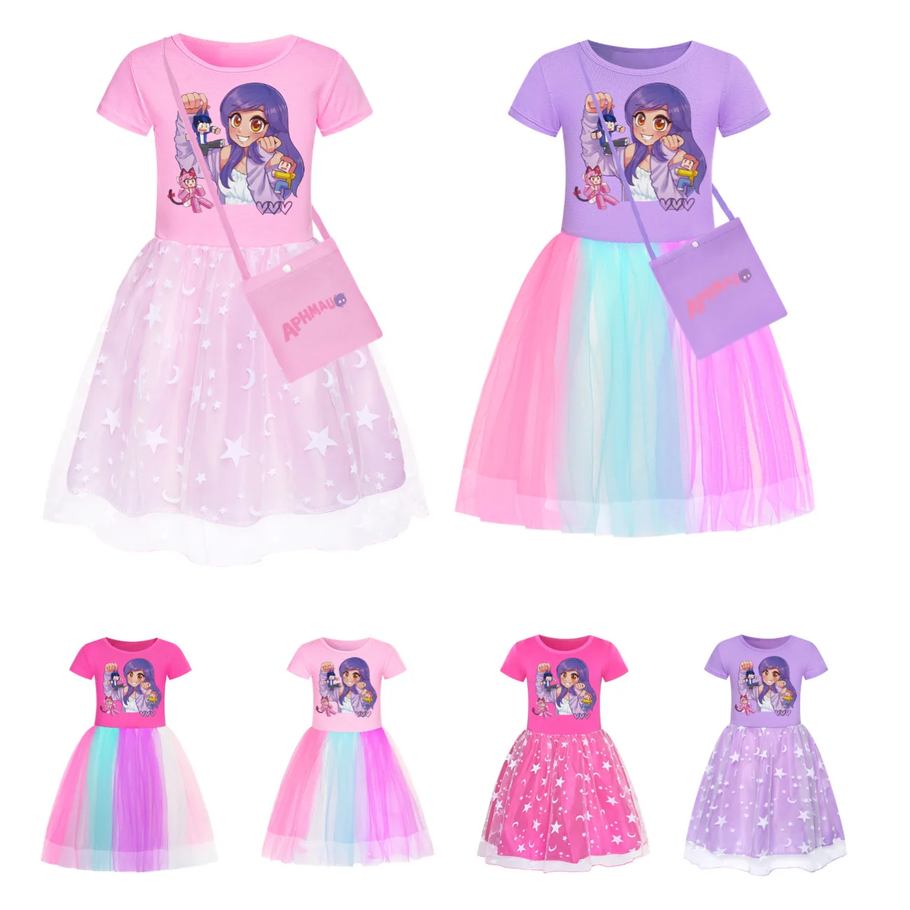 

Aphmau Dress Kids Cute Short Sleeve Clothes for Baby Girls Kawaii Casual Dresses&small Bag Children Summer Holiday Outfits