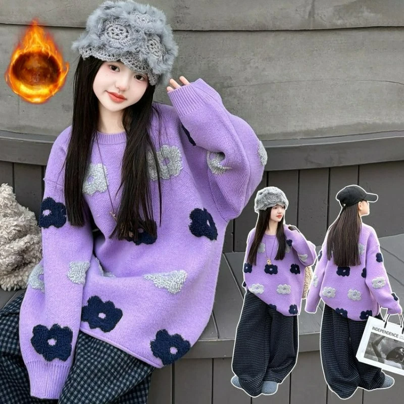 

Свитер с фиолетовым цветком для больших девочек, повседневный модный темпераментный вязаный топ на осень и зиму