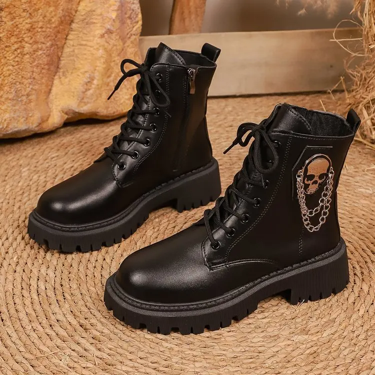 

Black PU Leather Ankle Boots for Women Fashion Chain Decor Motorcycle Platform Boots Woman Autumn Winter Zip Lace Up Botas Mujer