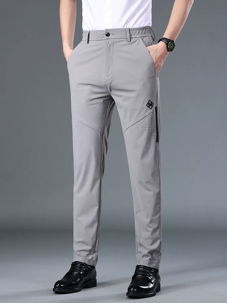 

Летние быстросохнущие тонкие шелковые повседневные брюки для мужчин с карманами на молнии, для активного отдыха, эластичные, черные, серые, хаки, 2026