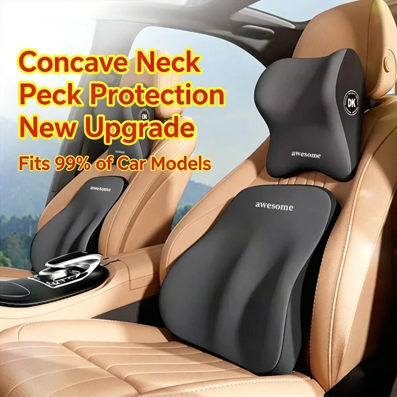 Car Neck Pillow & Lumbar Support Set Premium Memory Foam Headrest for Driver Seat Ergonomic Back Cushion for Back Pain Relief