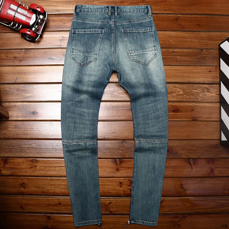 Street style zipper design motorcycle jeans for men trendy wild stretch slim fit skinny 2024 New retro trousers men