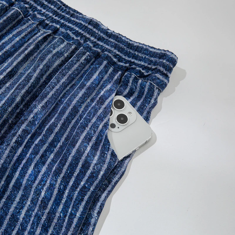 Women Pants 100% Mulberry Crepe Silk Blue Jeans Striped Printed Pocket Wide Leg Long Trousers Elastic Waist Office Lady QQ002