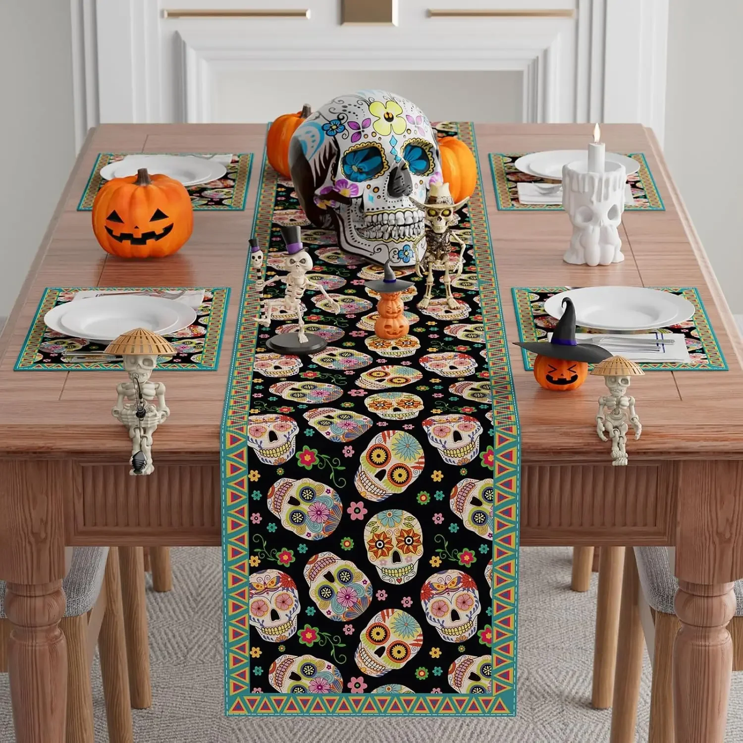 1Pc Day Of The Dead Style Table Runner Black Sugar Skull Pumpkin Print Table Cover For Halloween Party Dining Table Decoration T