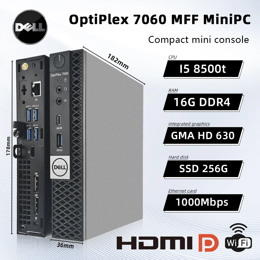 For Dell Mini pc OptiPlex 7060 MFF Mini Desktop Computer Used Micro PC Intel Core i5-8500T 16GB 256GB SSD WiFi for Office Home