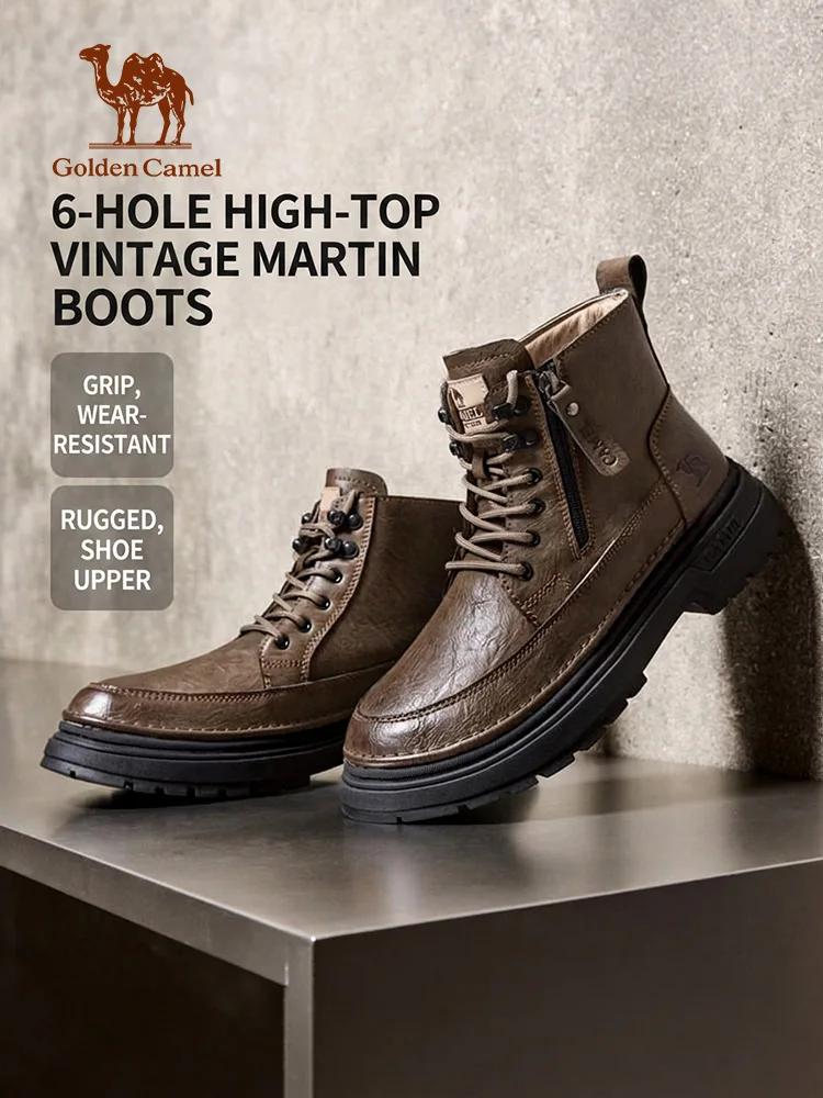 Golden Camel  Men's High-top Outdoor Leather Shoes 2026 Winter Retro Velvet Warm Waterproof Anti-Cold Boots Climbing Hiking Shoe