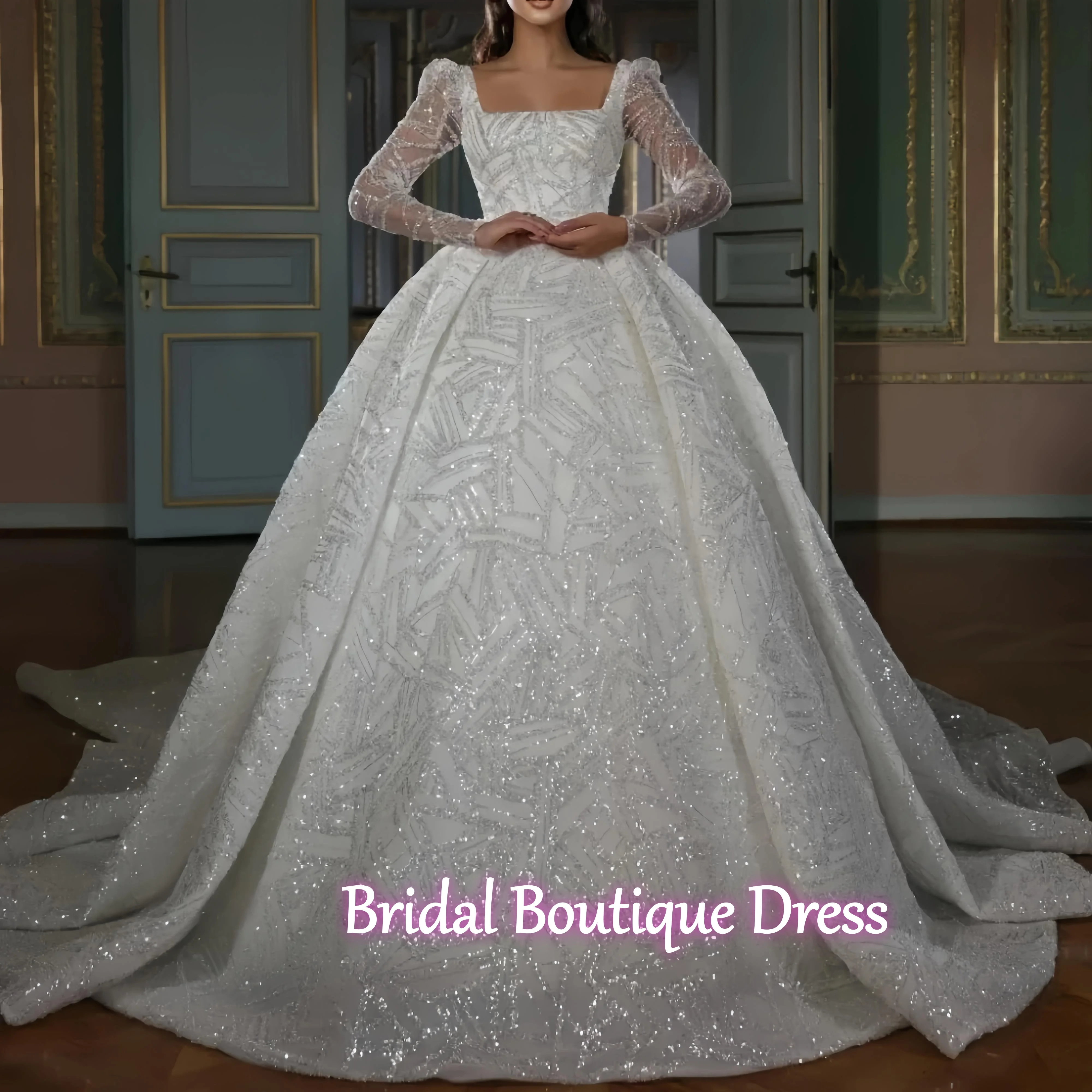 

Индивидуальное роскошное бальное платье с квадратным вырезом, открытой спиной, блестящими пайетками и длинными рукавами, свадебное платье для невесты, Vestido De Novia 2026