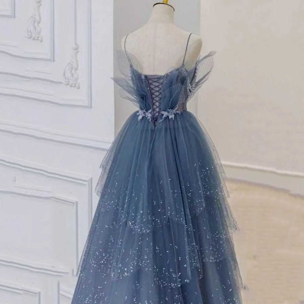 Customized Elegant Spaghetti Straps Prom Dresses Sweetheart Tulle A Line Party Gown Applique Shiny Lace Up Evening Dress Vestido