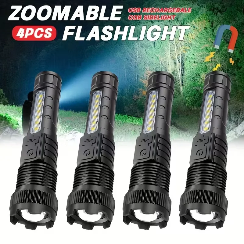

USB Rechargeable LED Flashlight 6 Modes with Power Display Clip Red Blue Alert Strobe Side Lights for Outdoor Activities