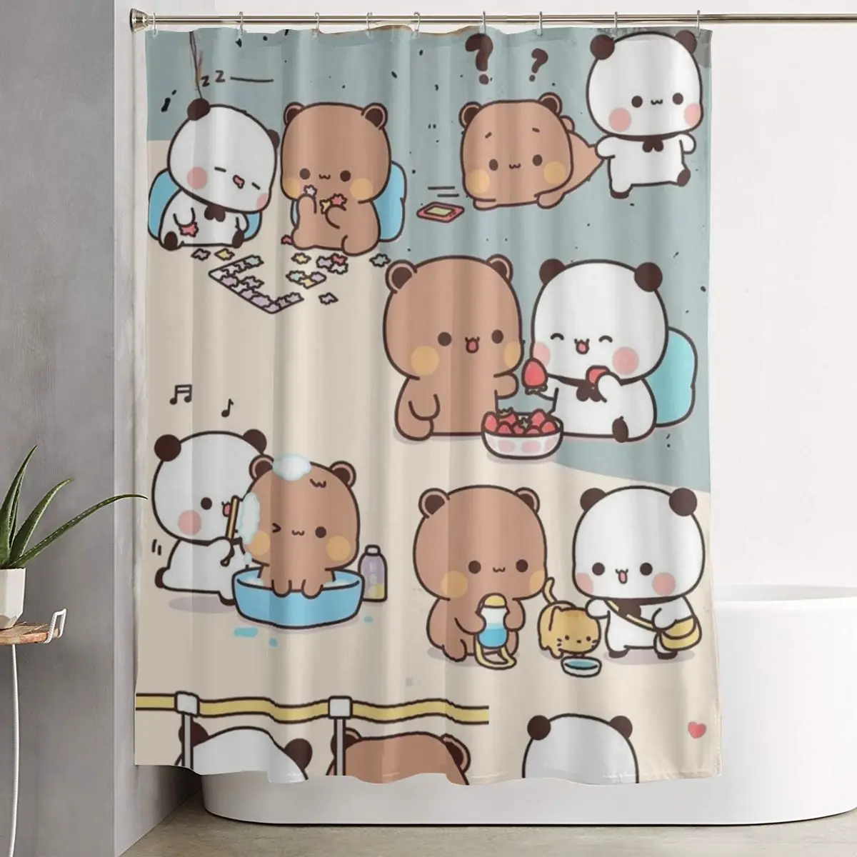 

Bubu Dudu Panda Bears Cartoon Shower Curtain Bathroom Polyester Waterproof Bath Curtains with Hooks