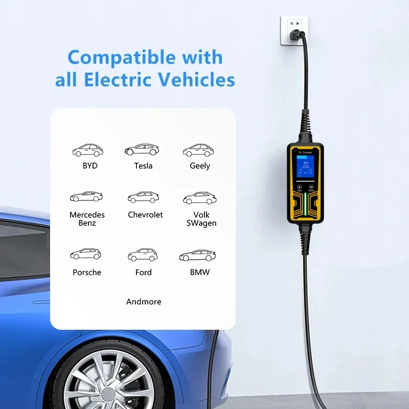 IEC62196 Portable EV Charger Wallbox Type 2 Cable 32A 7KW with CEE Plug EVSE J1772 Charging Box for Electric Vehicle