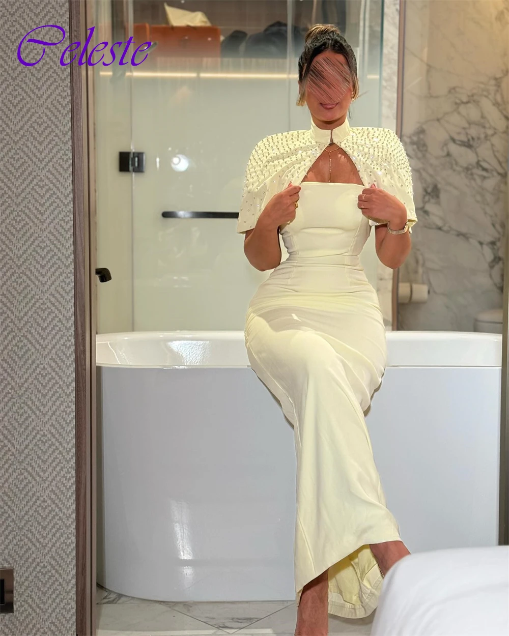 カスタマイズされたハイネックジャージストレートイブニングドレス絶妙なショールパーティードレス繊細なクリスタル特別な日のドレス