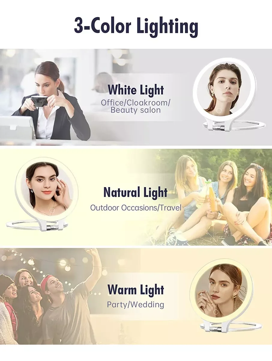 Miroir de Maquillage Pliable à Écran Tactile, 3 Couleurs, Modes de Lumière, Cosmétique, Rechargeable par USB, LED