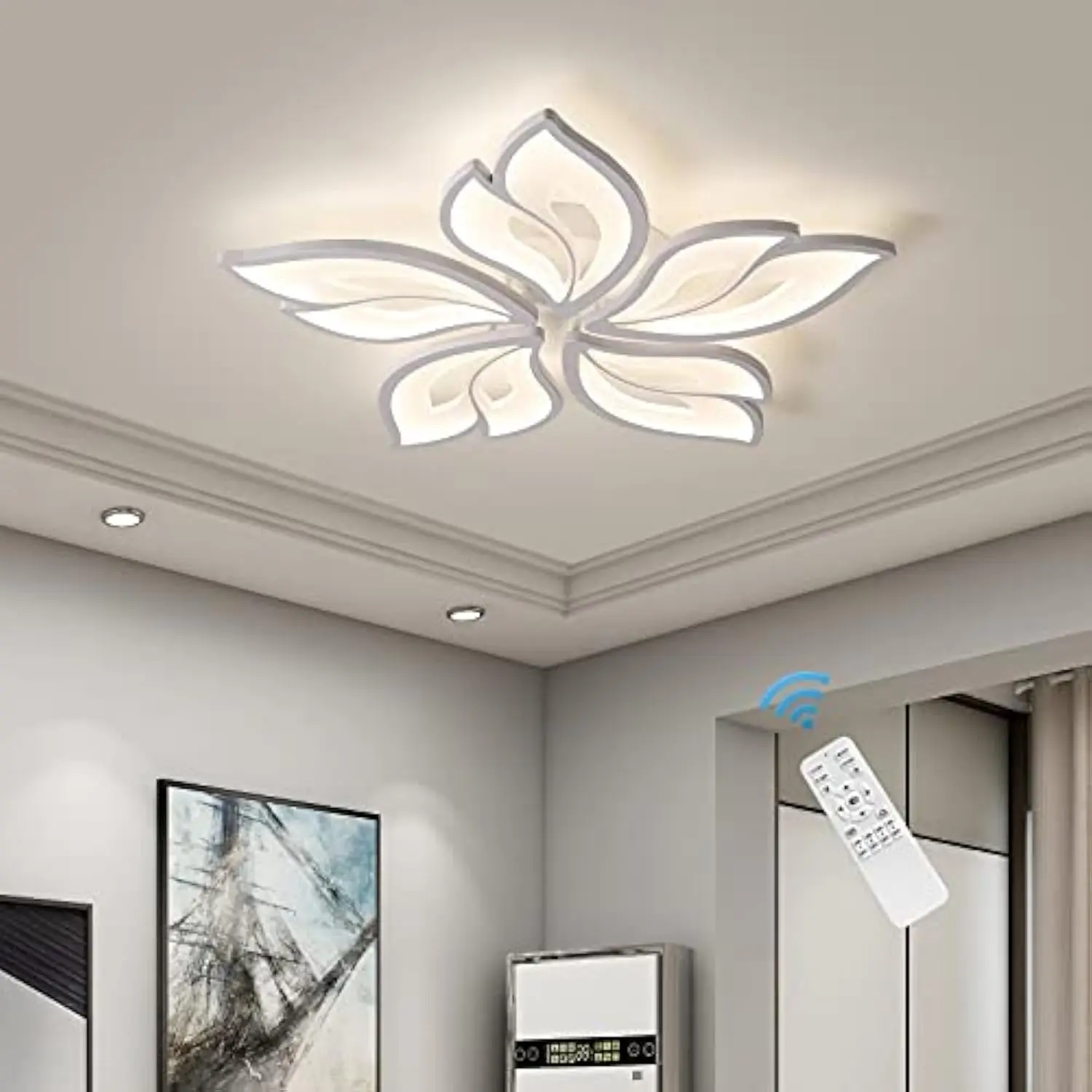 

Modern Ceiling Light, 23.6” Dimmable Led Chandelier Flush Mount Ceiling Lights, Remote Control Acrylic Leaf White Lamp Fixture F