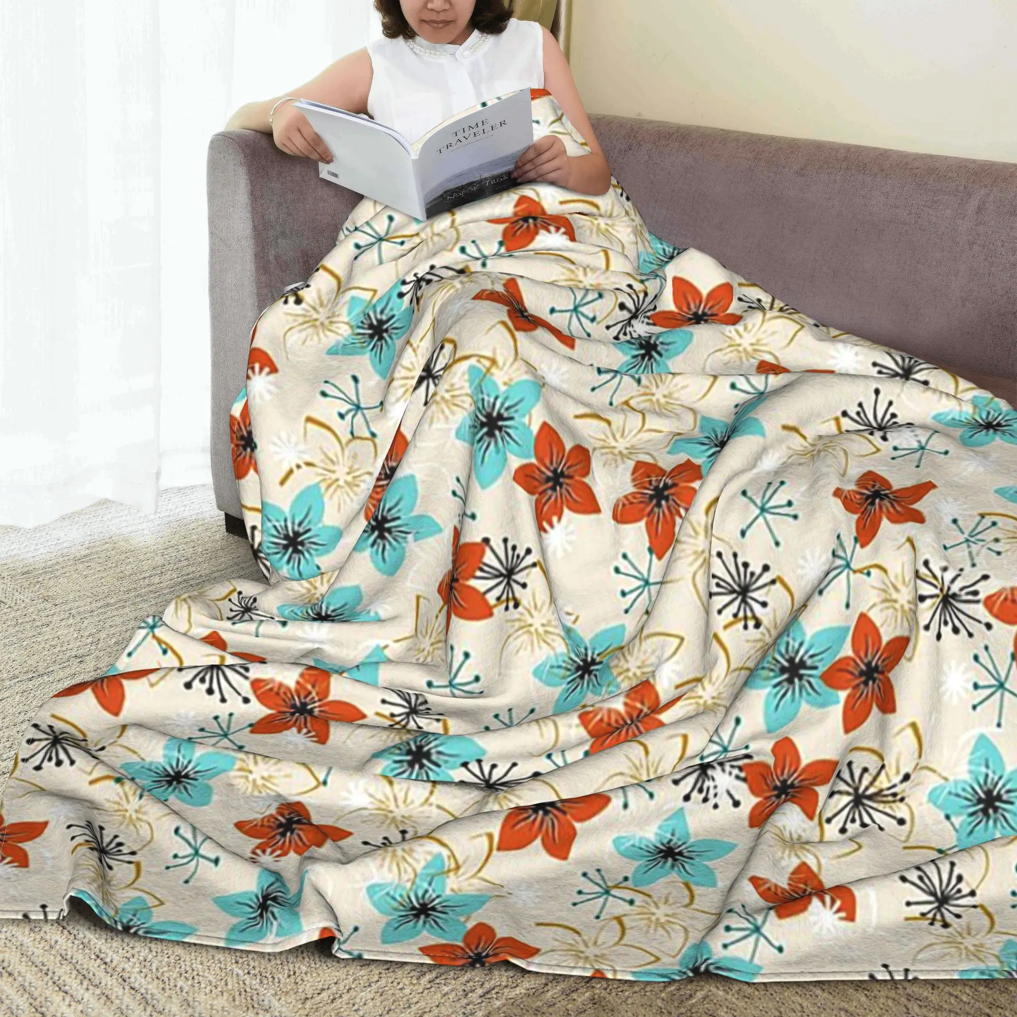 

Бежевая ткань с цветочным принтом в стиле ретро, бесшовные повторяющиеся одеяла, флисовое одеяло для дома, спальни, путешествий, покрывало, одеяло