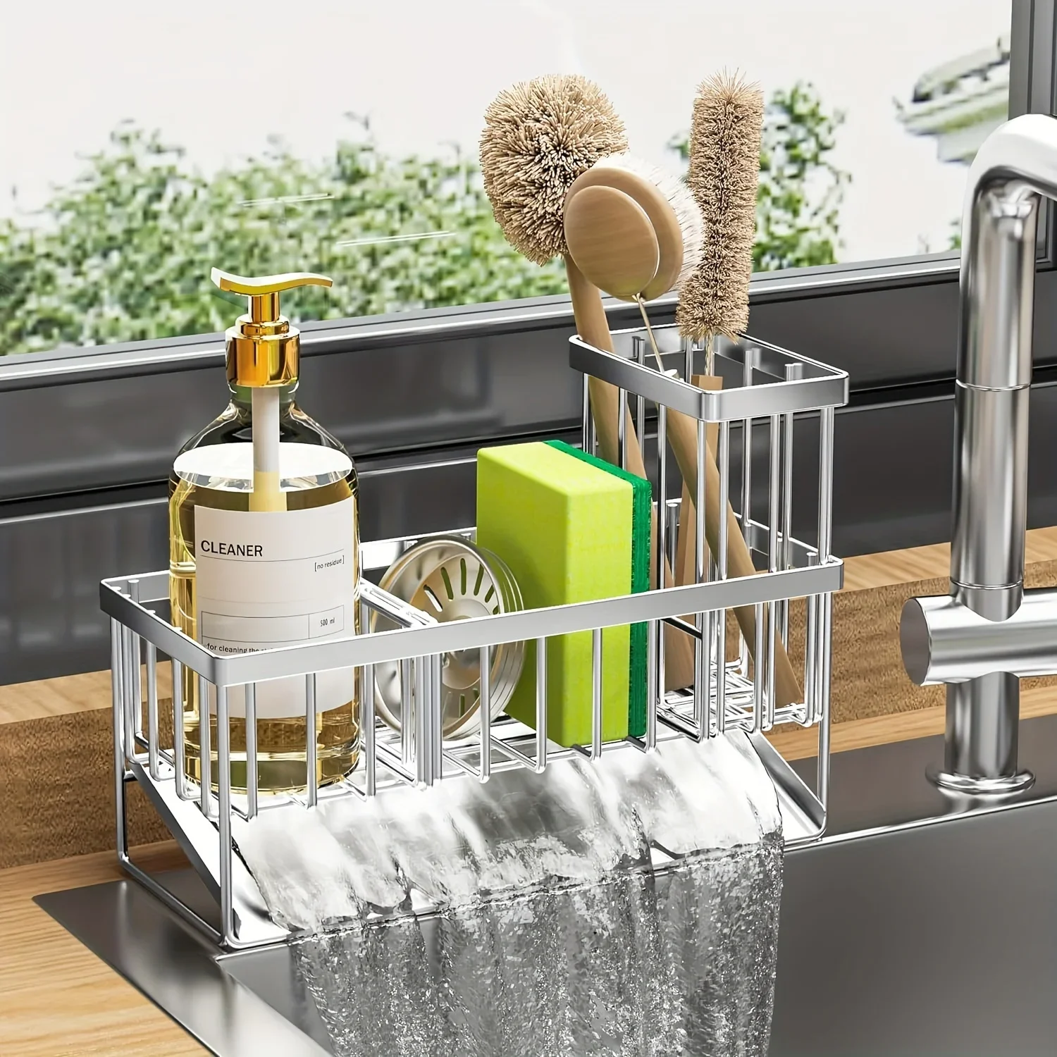 Rustproof 304 Stainless Steel Kitchen Sink Caddy - Sponge Holder with High Brush Holder Organizer