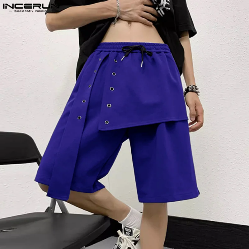 INCERUN Men Irregular Shorts Solid Color Drawstring Loose Pockets Casual Men Bottoms Summer 2024 Fashion Male Cargo Shorts S-5XL