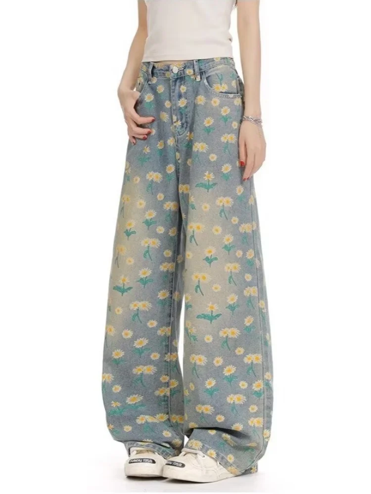 2025 Summer Y2K Fashion Flowers Printed Vintage Blue Baggy Jeans Pants For Women Clothing Casual Lady Denim Trousers Ropa Mujer