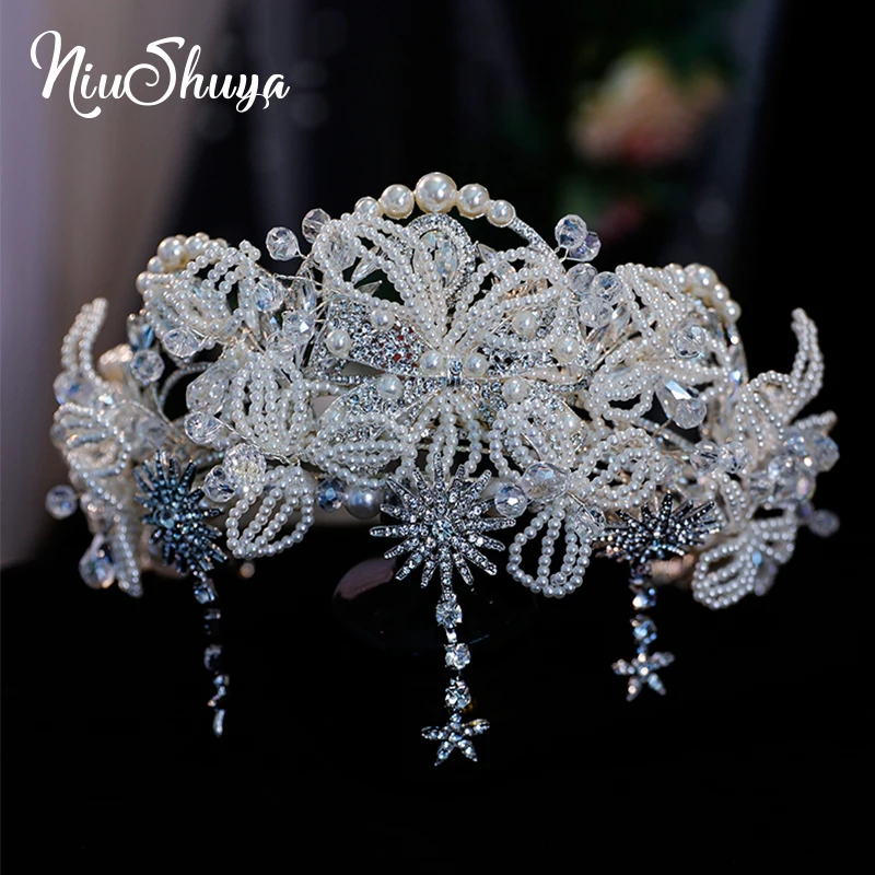 NiuShuya Luxury Handmade Wedding Rhinestone Bride Dress Hair Crown New Frontlet Drop Headpiece Accessories