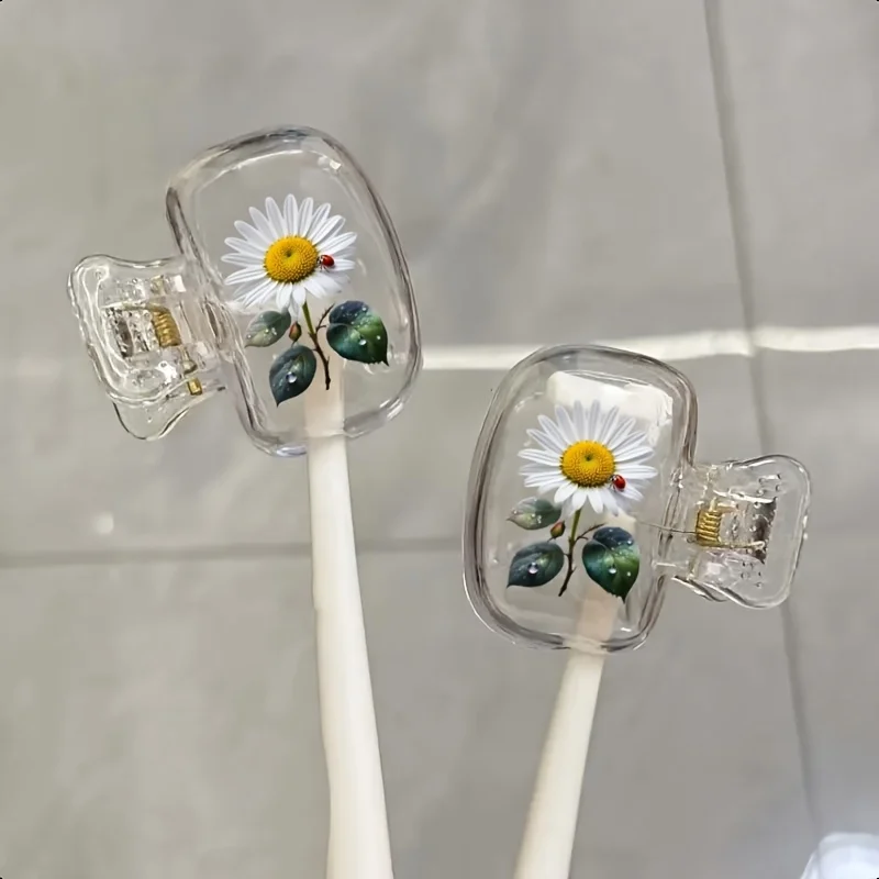 

2pcs Travel Toothbrush Case Set, Portable & Dust-Proof, Daisy Design, Plastic with Cover, for Business Trips, Compact, Must-Have