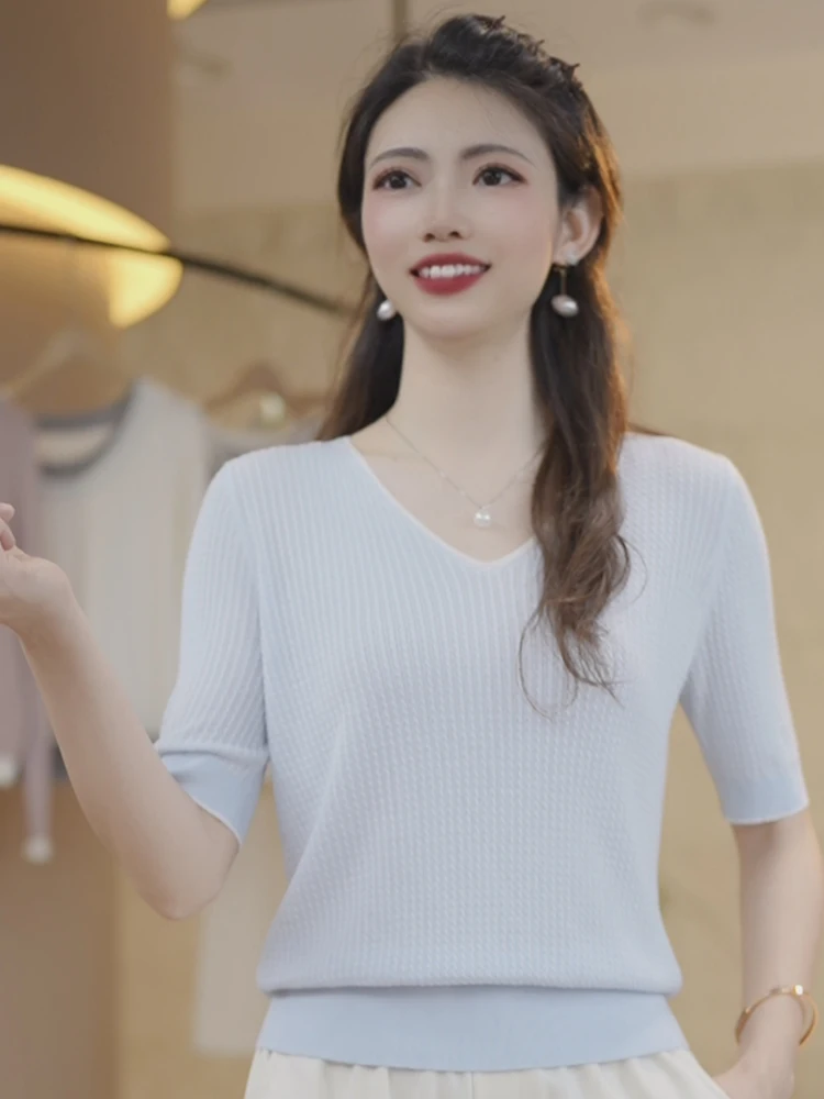 

Удобный тонкий вязаный свитер из ледяного шелка ort Sve, женский модный нежный свободный топ обычного кроя V-Ne для поездок на работу