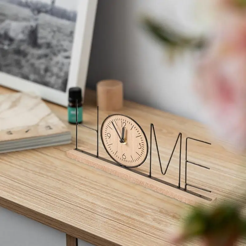 Wooden Analog Clock Table Clock Figurine Wooden Ornament Non-Ticking Desk Analog Clock Silent Iron Art for Bookshelf Bedside