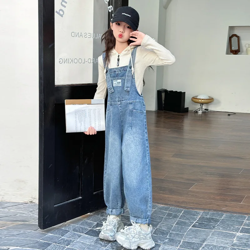 New Kids Denim Overalls for Teenagers Spring Jeans Dungarees Girls Pocket Jumpsuit Children Boys Pants For Age 5 7 9 11 13 Years