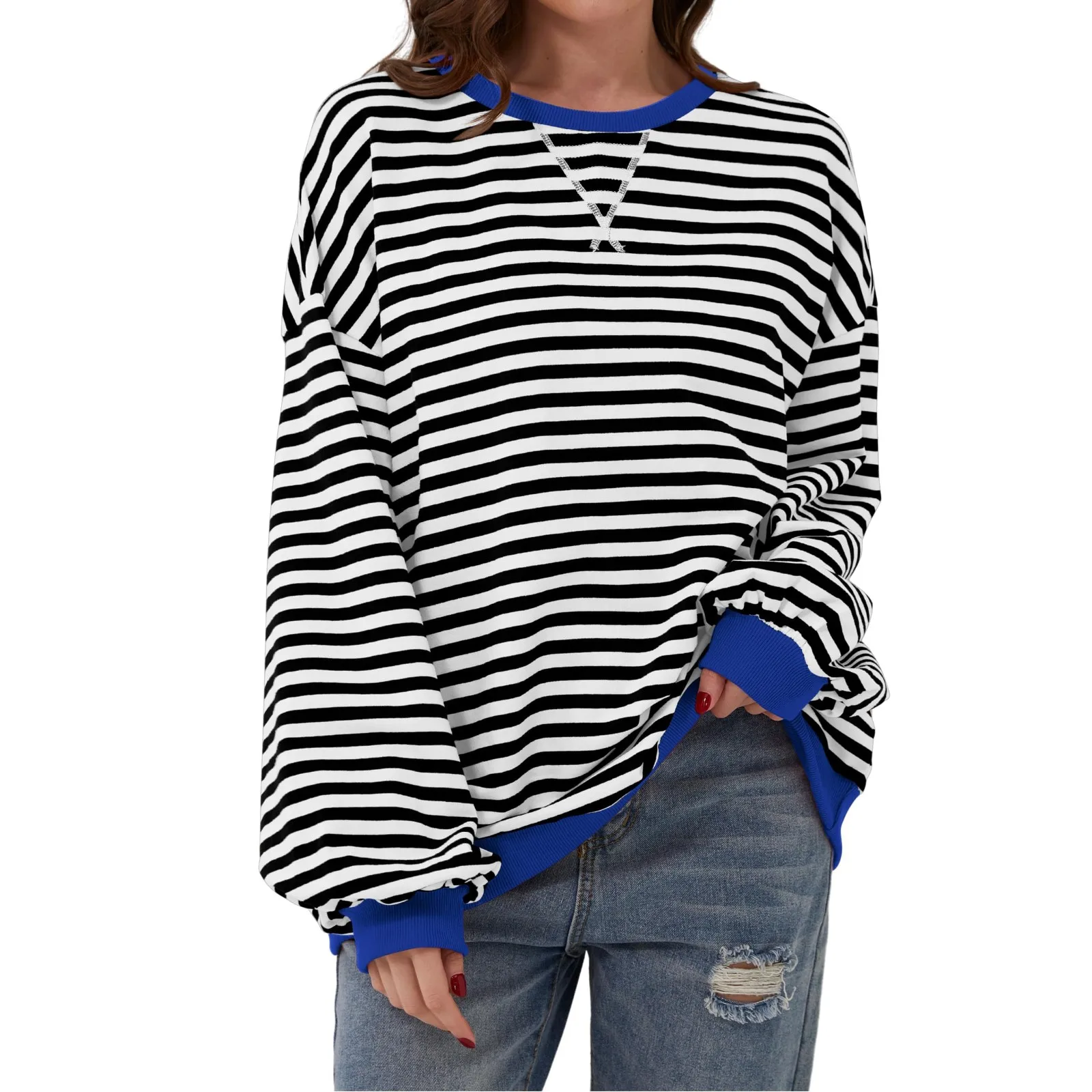 Women\'s Oversized Striped Color Blocking Long Sleeved Round Neck Sports Shirt Casual Loose Fitting Pullover Shirt Top