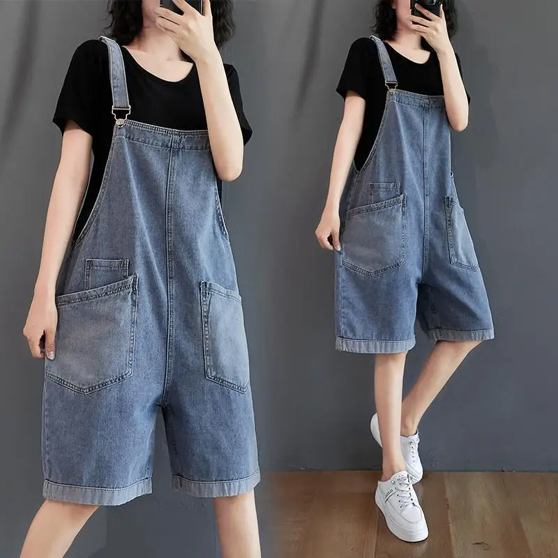 

Minimalist overalls women's loose Korean version summer new high waisted big pockets wide leg suspender shorts jumpsuit