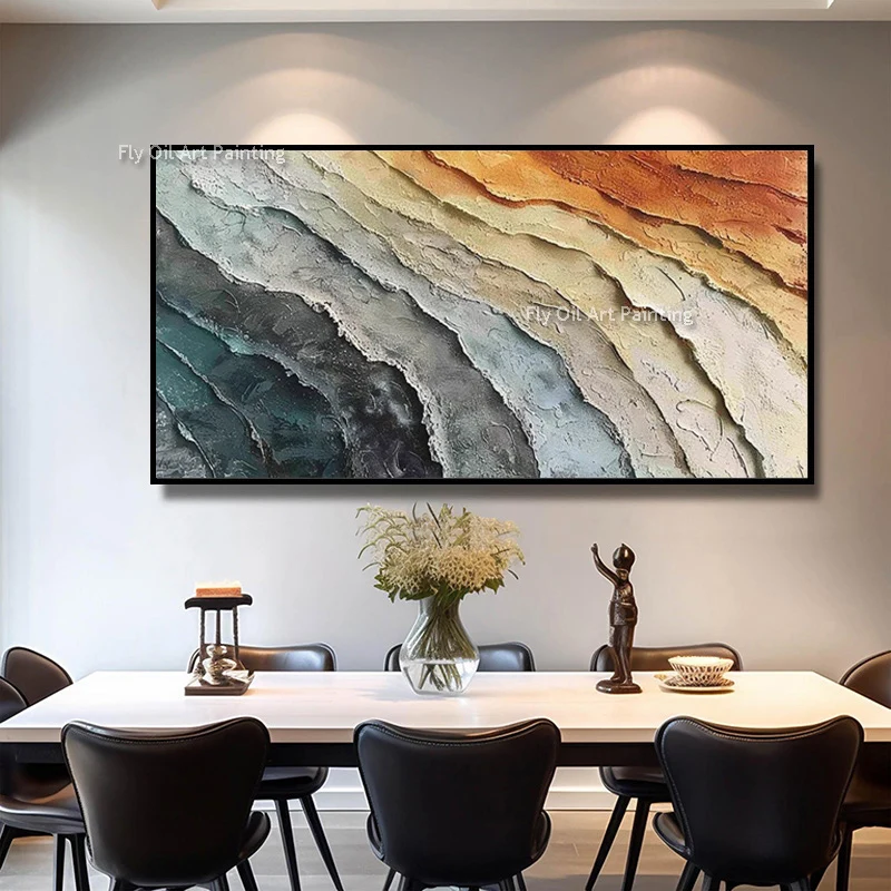 Special Colorful Wave Canvas Artwork New Abstract White Green Mountain Landscape Oil Painting Handmade Brown Seaside Wall Art