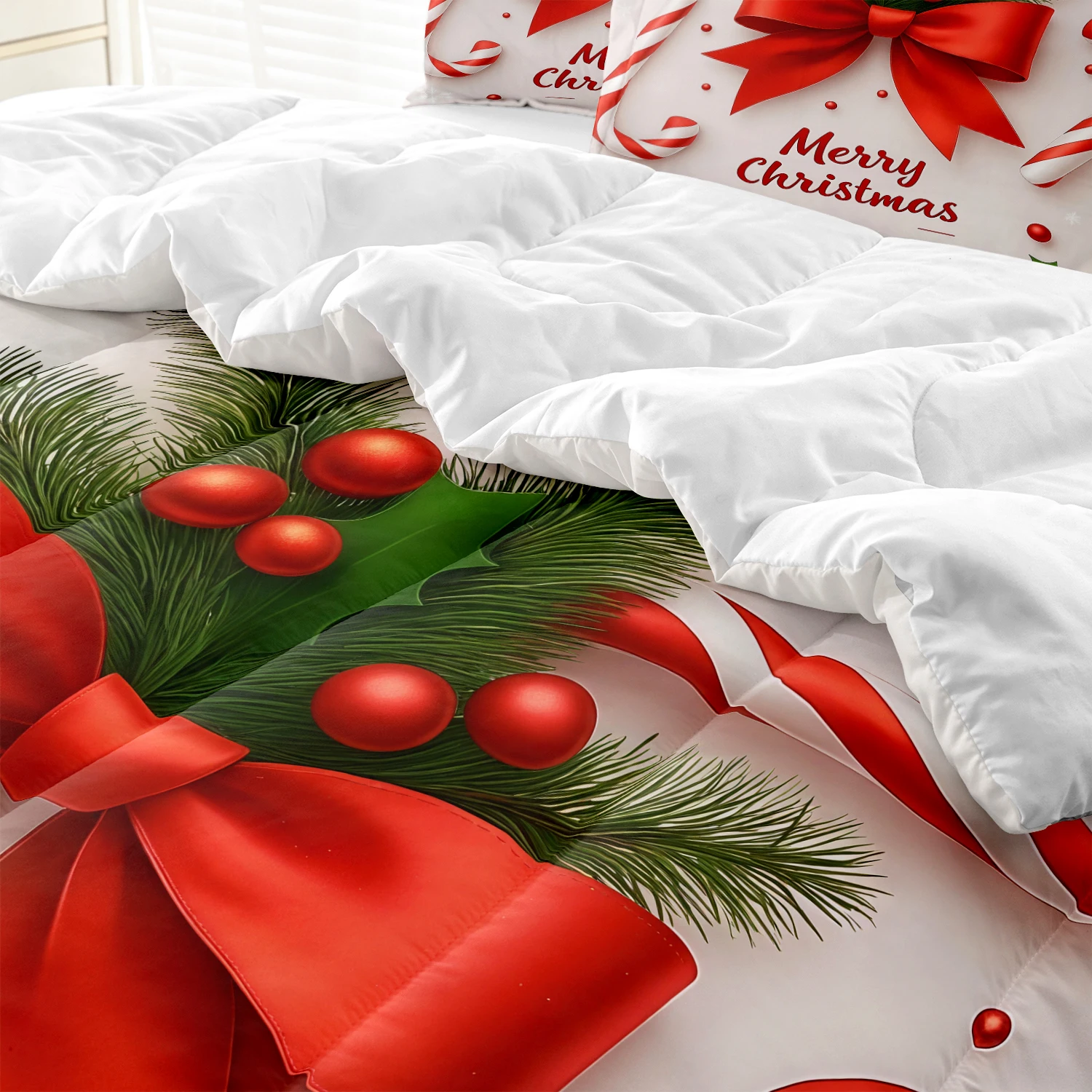 3pcs Festive Merry Christmas Comforter Set, Big Red Bow Candy Canes and Holly Pine Leaves, All‑Season Holiday Quilt Set