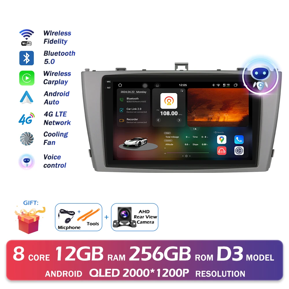 Android 16 QLED 2000*1200 P Voor Toyota Avensis T27 2008-2015 GPS Navigatie Multimedia Speler Auto draadloze CarPlay WIFI 4G