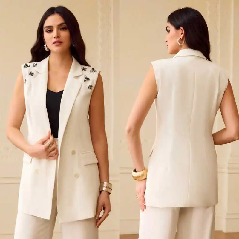 

Exquisite Women Suits 2 Pieces Sleeveless Jacket Pants Double Breasted Beaded Diamonds Formal Occasion Party Customized