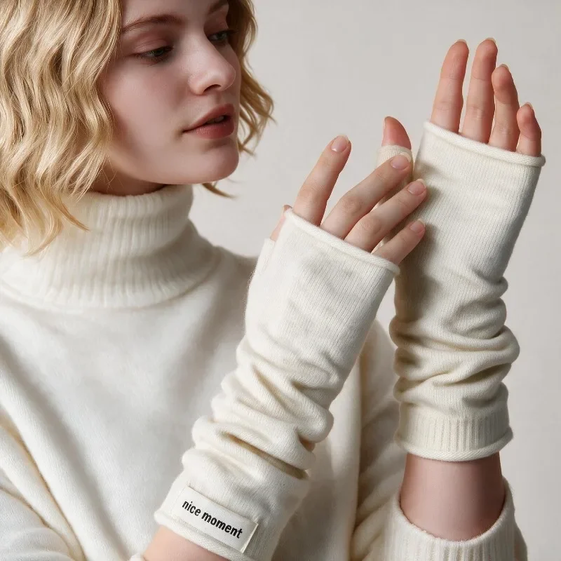 Women Knitted Fingerless Arm Warmers Letter Label Wrist Sleeves Winter Thermal Half Finger Gloves Fashion Korean Style Gloves