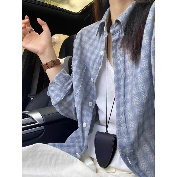 Blue Plaid Sun Protection Shirt Women's Summer Loose Casual Shirt Lazy Style Versatile Top Coat Korean Style Polyester Fabric
