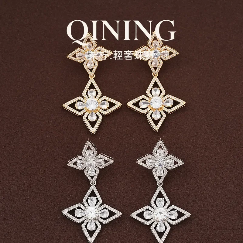 Sicily, diamond flower hollow full diamond earrings light luxury niche earrings daily commuting versatile high-end earrings