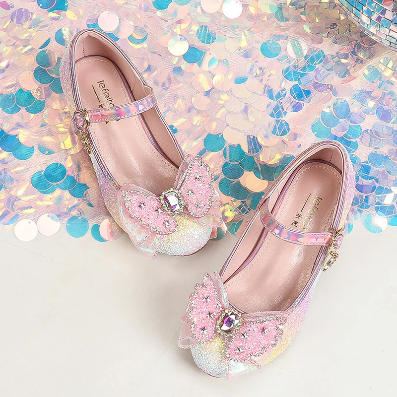 

New Princess Kids Leather Shoes Shiny Rainbow Crystal Gradient Dazzling Party Children High Heels Colorful Sequins Girls Sandals