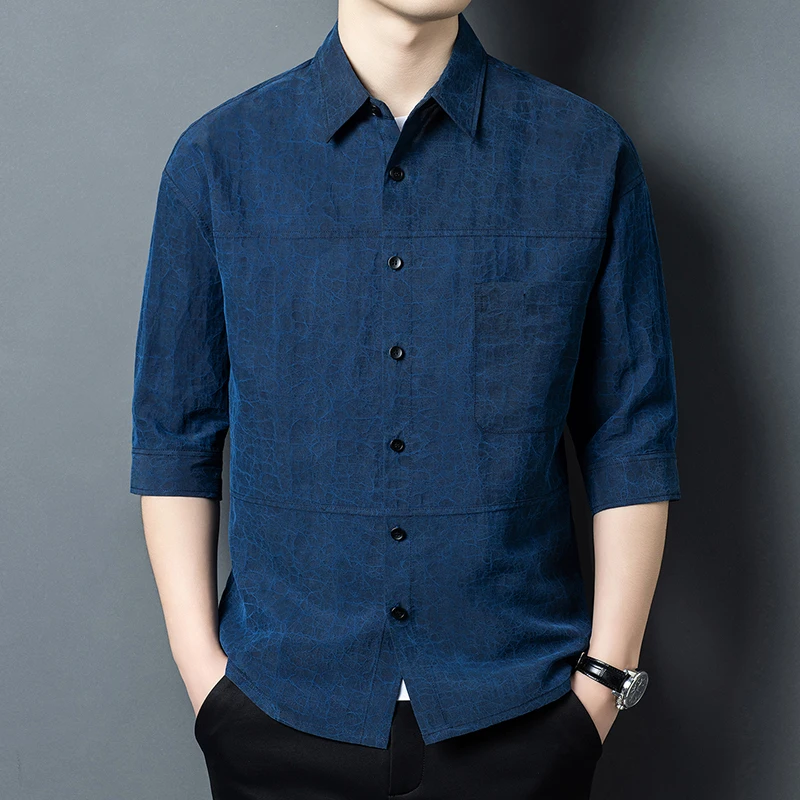 Half Sleeved Shirts For Men Gambiered Canton Gauze Crackle Pocket Summer Quality Geniune Silk 100% Lightweight Camisas De Hombre