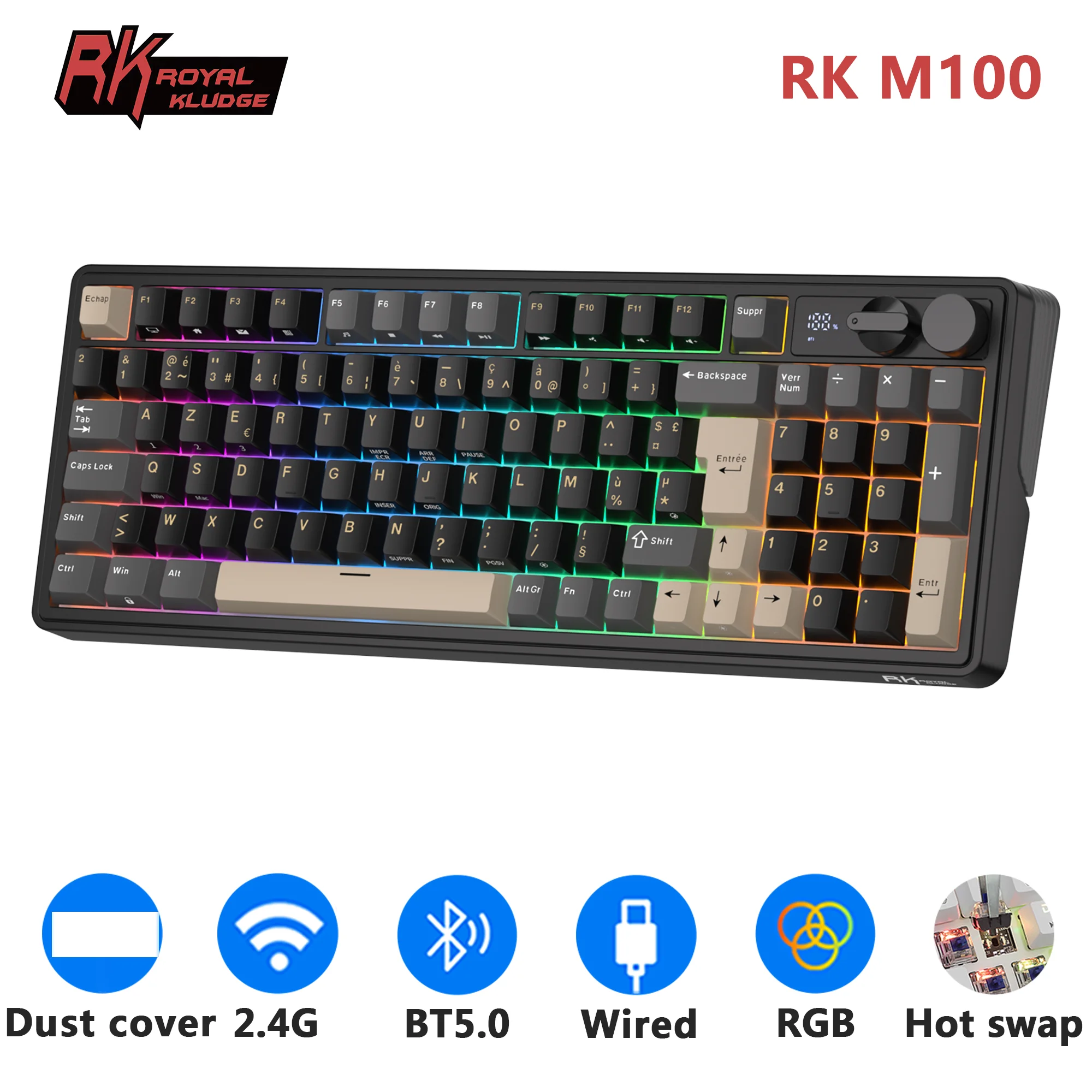 RK ROYAL KLUDGE M100 French Mechanical Keyboard 96% 95 Keys Screen RGB 8000mAh BT5.0/2.4G/USB Wireless Gamer Keyboard Dual Knobs