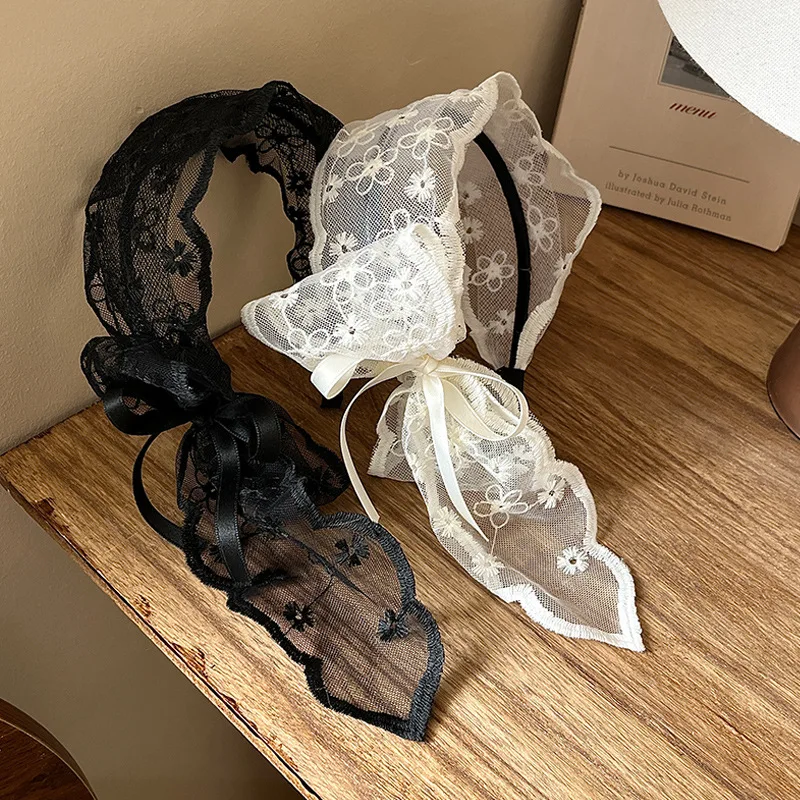 

Lace Bow Ribbon Headband Women's High Crown Rustic Style Scarf-Integrated Spring/Summer Wide-Brim Headband