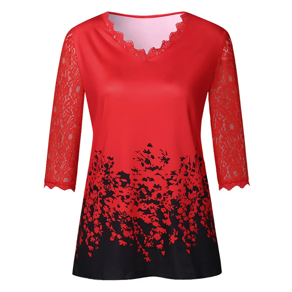 2024 new Women\'s Lace 3/4 Sleeve V Neck T Shirt Ladies Floral Blouse Tunic Tops Plus Size