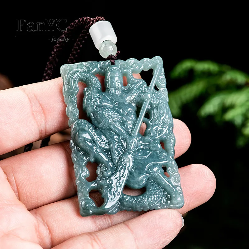 Pendentif Guan Gong en jadéite du Myanmar pour hommes et femmes, eau bleue, dragon divin, sculpté à la main, exquis Gluteti, collier pour cadres diversifiés, cadeau