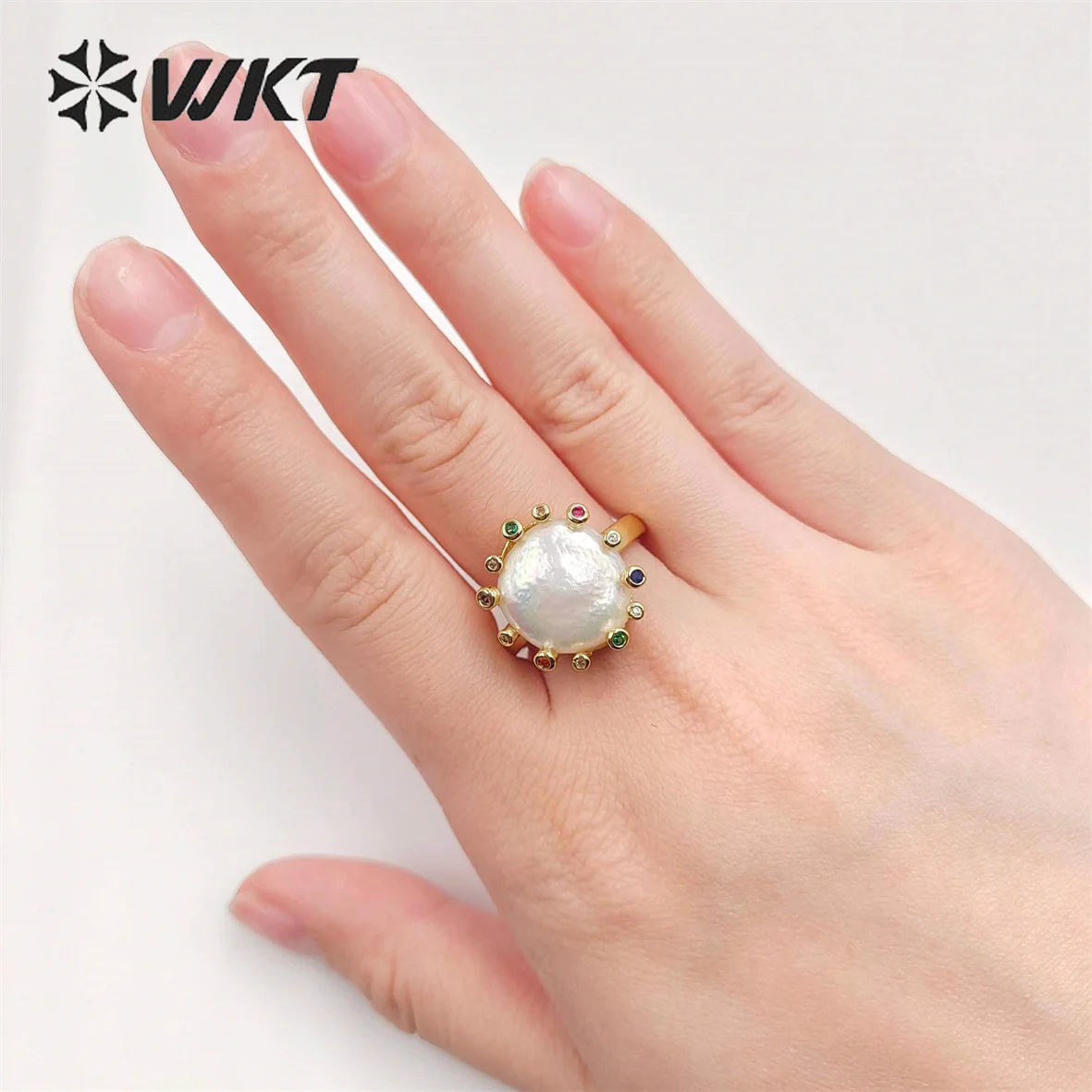 WT-MPR050 Elegant Fashion Gold Cubic Zircon Round Coin Freshwater Pearl Ring INS Hot White Gorgeous Women Anneversarry ACC