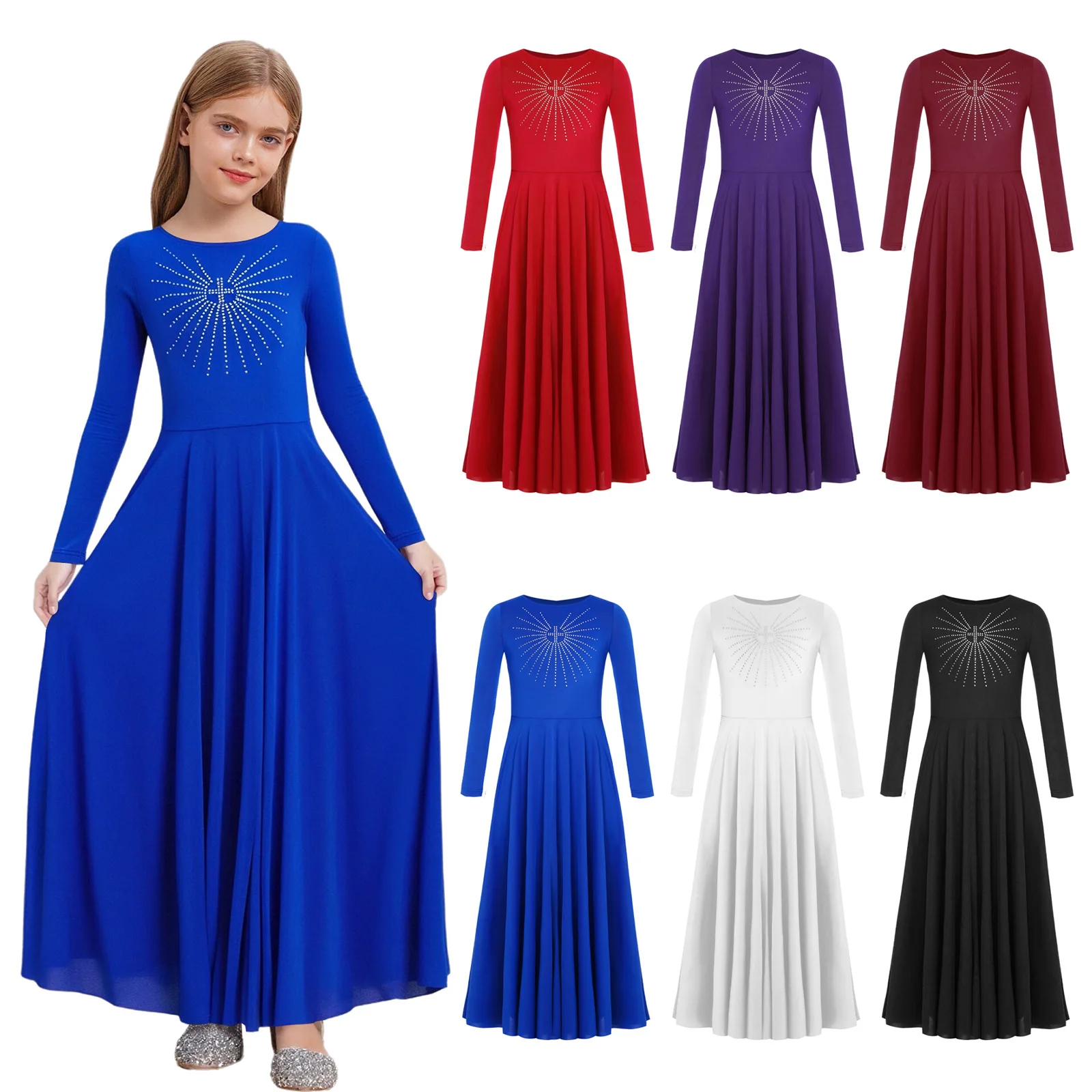 Kids Girls Liturgical Worship Dance Dress Glittery Rhinestone Long Sleeve Maxi Dress for Lyrical Praise Church Choir Performance