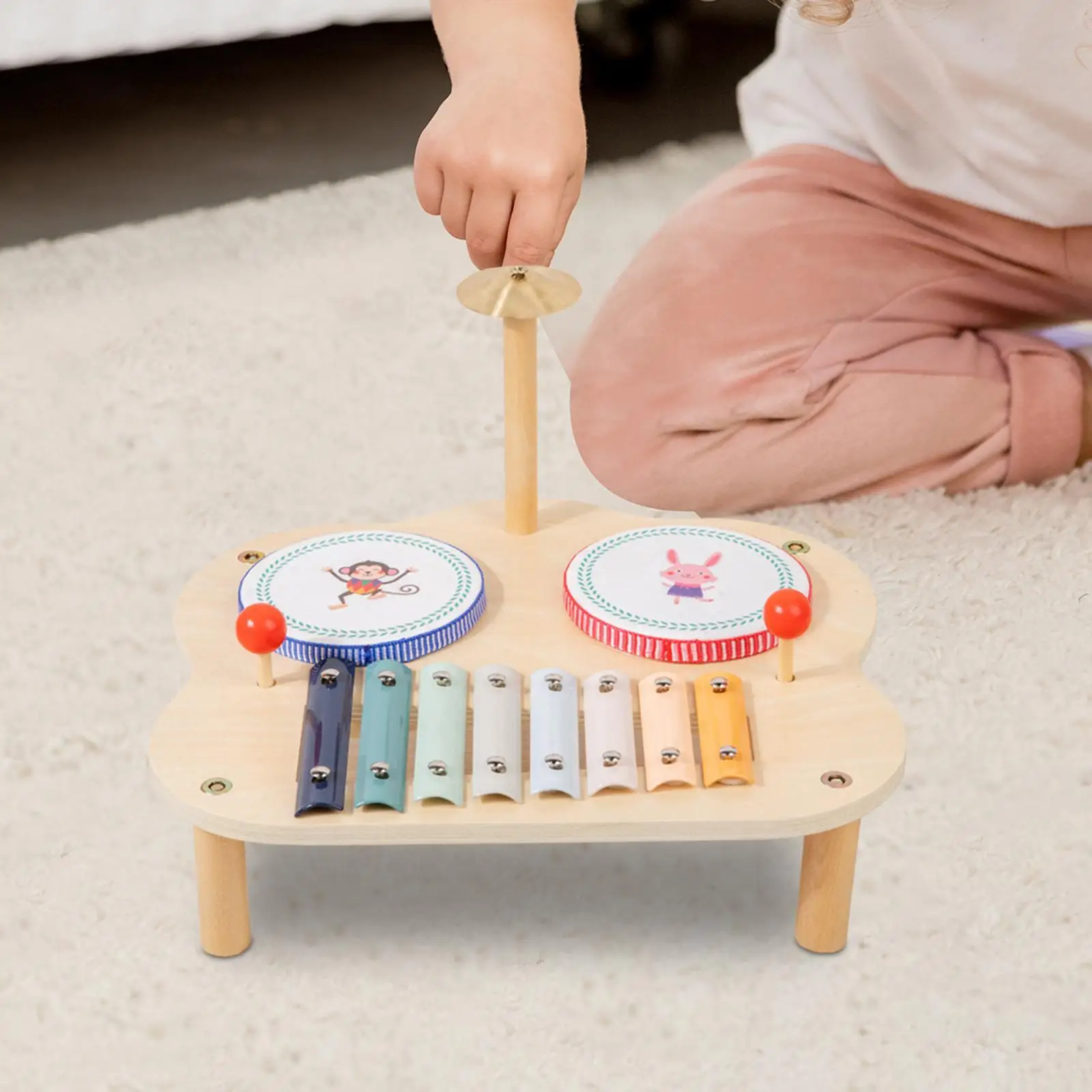 Mainan Musik Anak dengan Xylophone Drum kayu instrumen perkusi meja musik Kit Drum anak-anak untuk balita hadiah ulang tahun bayi