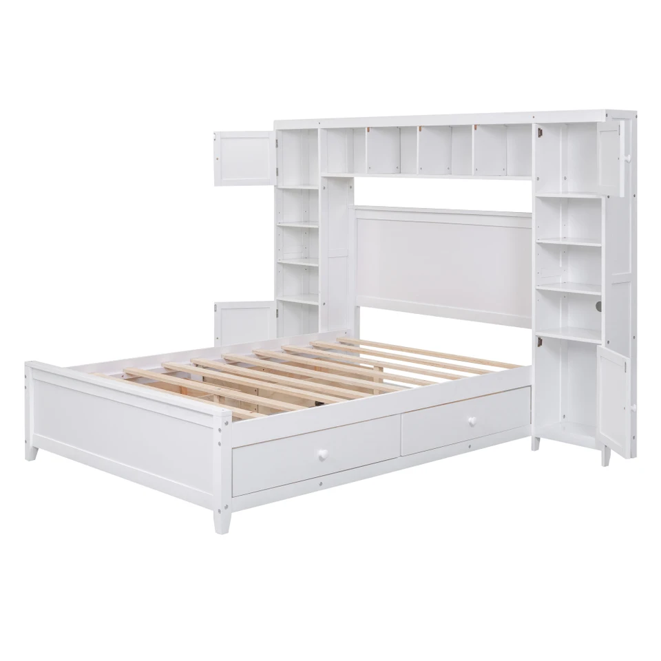 Full Size Wooden Bed with Storage and Shelf